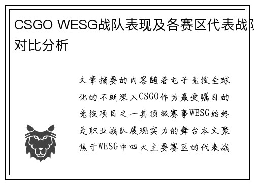 CSGO WESG战队表现及各赛区代表战队对比分析